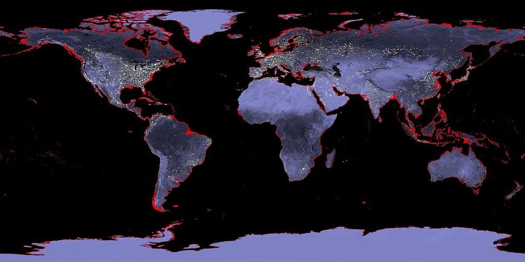 Mapa de la Tierra con una subida de 6 metros del nivel del mar representada en rojo.