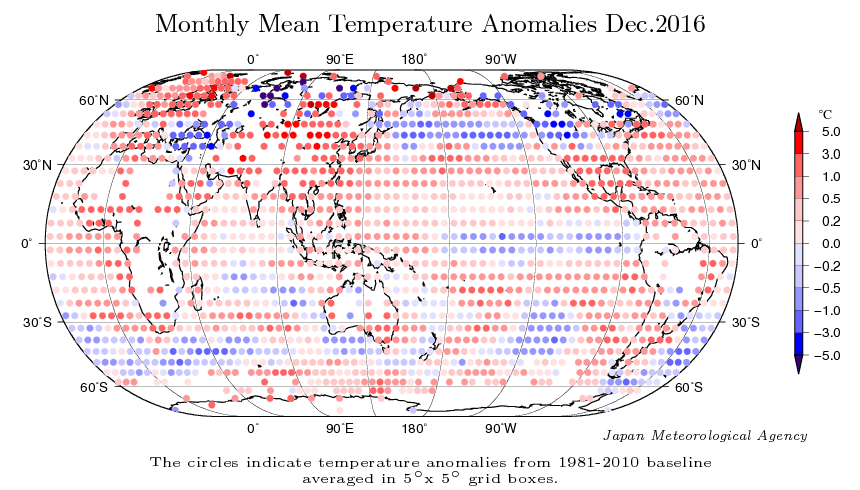 Anomalías espaciales de temperatura media para diciembre de 2016 respecto al periodo de referencia 1981-2010