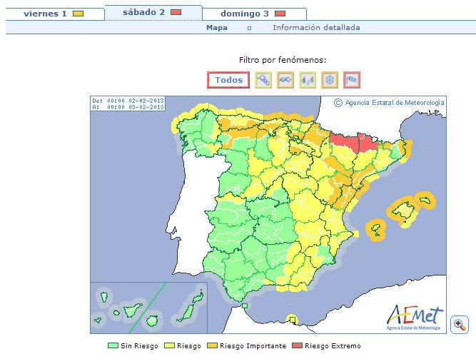 Avisos meteorológicos para el 2 de febrero de 2013 Avisos meteorológicos para el 2 de febrero de 2013. Fuente: AEMET