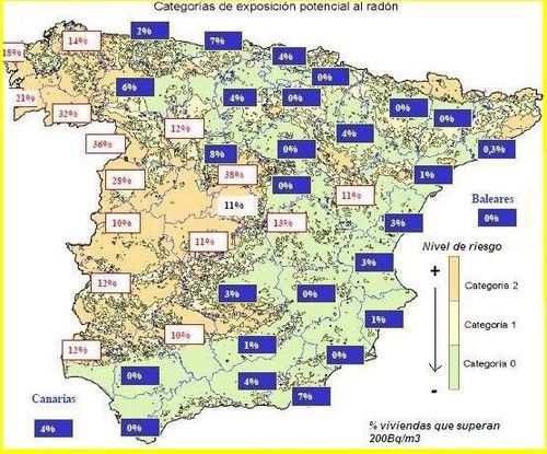 Mapa de la exposición potencial al gas radón en España
