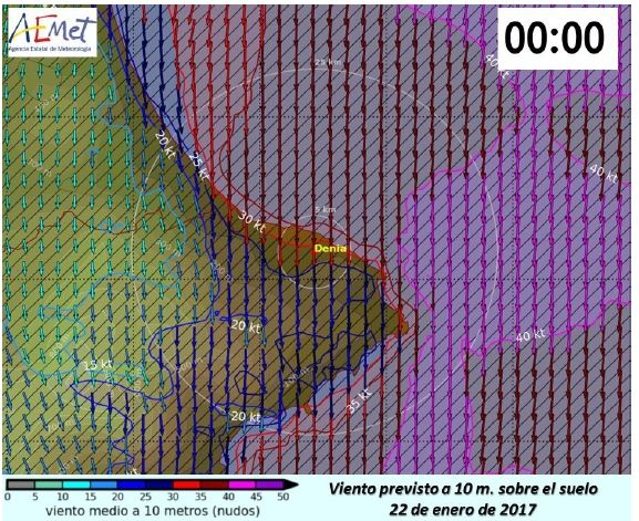 Viento previsto a 10 metros en nudos a las 00 horas del día 22 de enero de 2017.
