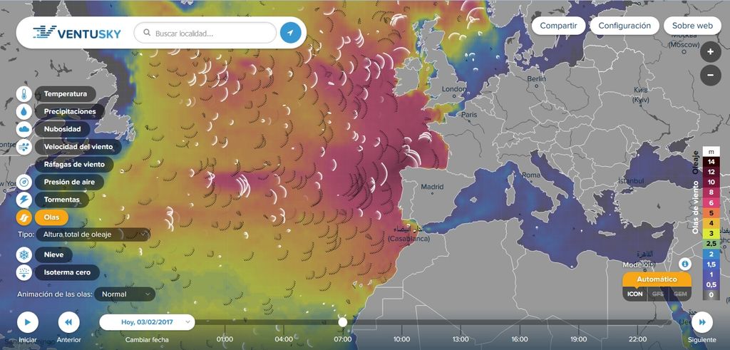 Altura de olas en la nueva presentación de Ventusky para un día dado de temporal duro de mar