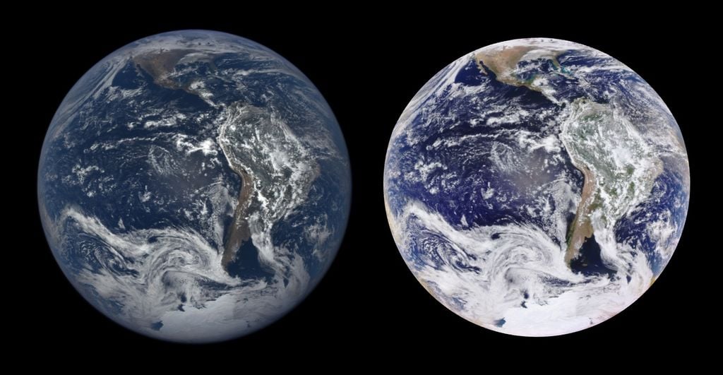 Foto 1.- EPIC actualiza Web Una imagen de color natural EPIC (izquierda) y una imagen realzada en color (derecha) de la Tierra el 26 de enero de 2017. Imagen cortesía de la NASA / NOAA.
