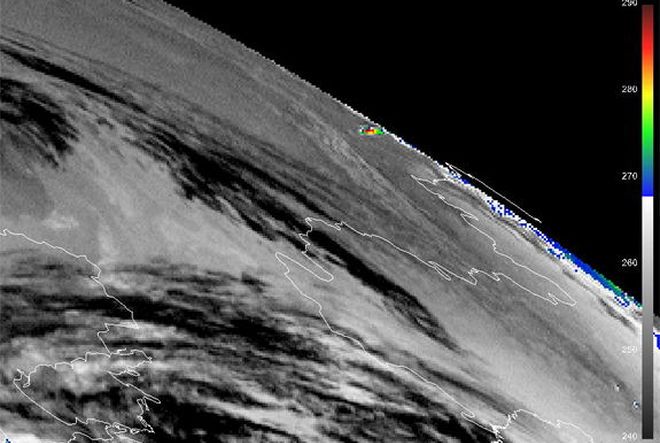 Imagen realzada en temperaturas, coloreadas en escala adjunta, del Meteosat usando el canal térmico IR3.9 sobre Rusia el 15 de feb. de 2013 a las 3:15 UTC Fuente: EUMETSAT