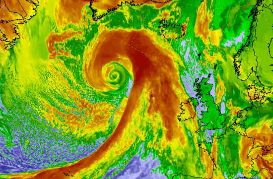 Imagen IR realzada de la potente borrasca aludida con 923 hPa en su centro. Imagen IR realzada de la potente borrasca aludida con 923 hPa en su centro. NWS-NOAA