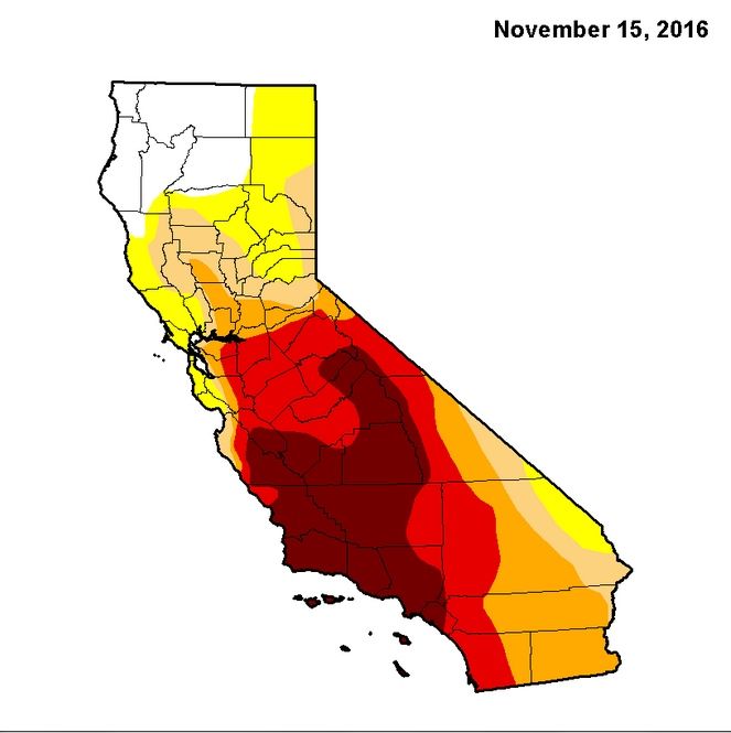 Las condiciones de sequía hace tres mes Las condiciones de sequía hace tres mes Amarillo: inusualmente seco; crema: moderadamente seco; naranja: muy seca; rojo: extremadamente seco; marrón: inusualmente seco. Fuente: United States Drought Monitor