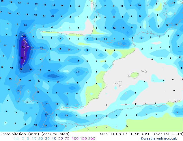 Mapa previsto de acumulación de precipitación en 48 h en mm para una situación de temporal de oestes sobre la Península y Baleares Mapa previsto de acumulación de precipitación en 48 h en mm para una situación de temporal de oestes sobre la Península y Baleares. Fuente: weatheronline.co.uk