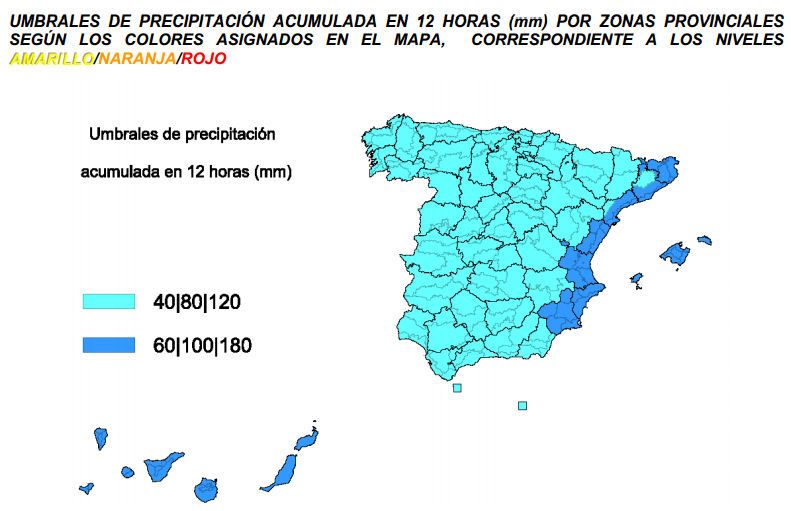 Umbrales de avisos para precipitaciones a 12 h Umbrales de avisos para precipitaciones a 12 h según el plan Meteoalerta de AEMET en diferentes zonas de España.