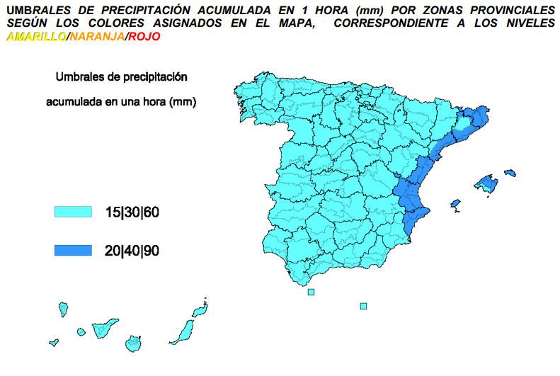 Umbrales de avisos para precipitaciones a 1 h Umbrales de avisos para precipitaciones a 1 h según el plan Meteoalerta de AEMET en diferentes zonas de España.