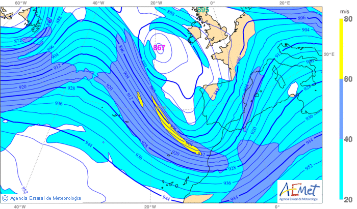 Mapa de 300 hPa: geopotencial e isotacas en escala de colores. Fuente: AEMET