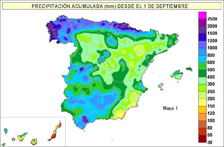 Precipitación acumulada desde el 1 de septiembre de 2012 hasta el 31 de marzo de 2013 Precipitación acumulada desde el 1 de septiembre de 2012 hasta el 31 de marzo de 2013. Nótese que existen zonas amplias donde se superan los 800 y 1000 mm. Fuente: AEMET