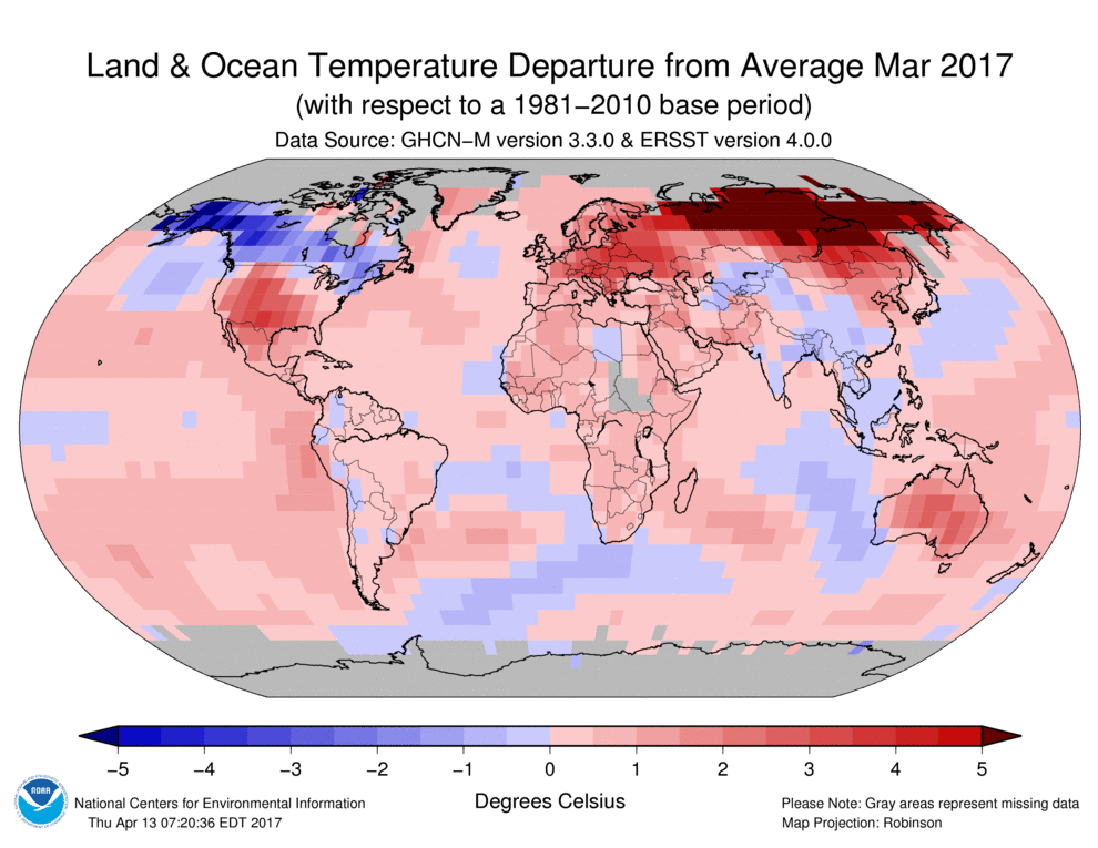 Anomalías de temperaturas para marzo de 2017, según NOAA.Notar que los períodos de referencias base son distintos en ambos mapas.