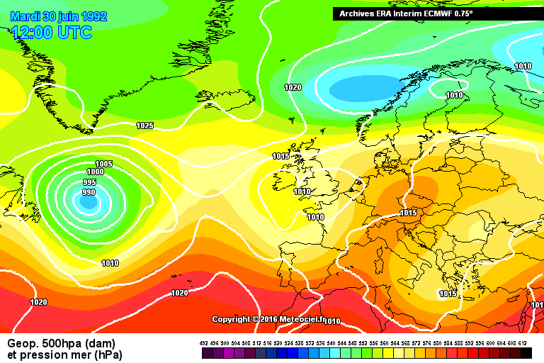 Mapas de superficie, línea continua, y 500 hPa en escala de colores para el 9 de junio de 1992. Mapas de superficie, línea continua, y 500 hPa en escala de colores para el 9 de junio de 1992.
