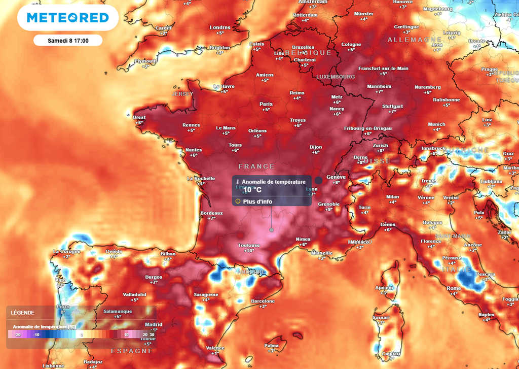 Samedi après-midi, les valeurs seront localement situées jusqu'à 10°C au-dessus des normales. Samedi après-midi, les valeurs seront localement situées jusqu'à 10°C au-dessus des normales.