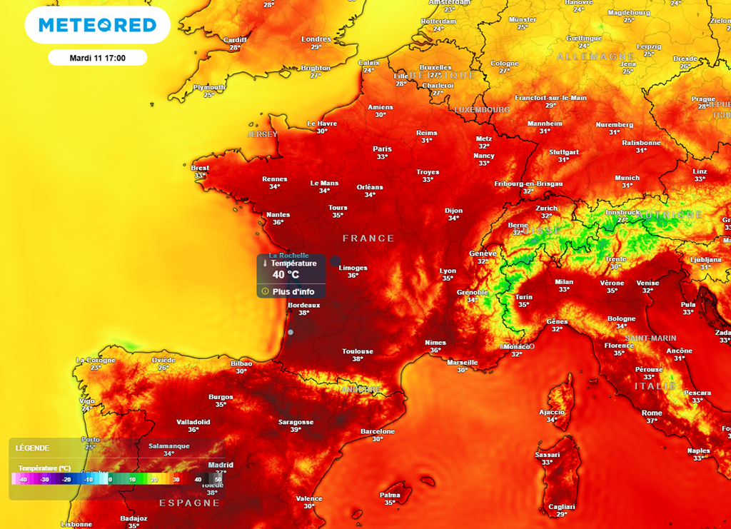 Mardi prochain, des pointes à 40°C seront possibles dans le sud-ouest du pays. Mardi prochain, des pointes à 40°C seront possibles dans le sud-ouest du pays.