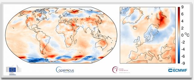 Anomalía de la temperatura del aire superficial para julio de 2017 respecto al promedio de julio para el período 1981-2010. Fuente: ERA-Interim. (Crédito: ECMWF Copernicus Climate Change Service)