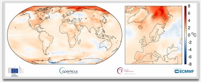Anomalía de la temperatura del aire de superficie para agosto de 2016 a julio de 2017 en relación con la media de 1981-2010. Fuente: ERA-Interim. (Crédito: ECMWF Copernicus Climate Change Service)