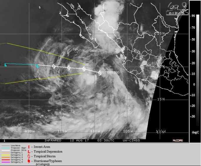 Imagen IR de Jova y trayectoria prevista. Fuente: CIMSS-UW