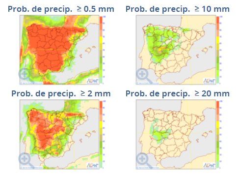 Mapas de probabilidad de precipitación para 0.5, 2, 10 y 20 mm del modelo probabilista del ECMWF para el 27 de agosto 2017. Fuente: AEMET Mapas de probabilidad de precipitación para 0.5, 2, 10 y 20 mm del modelo probabilista del ECMWF para el 27 de agosto 2017. Fuente: AEMET