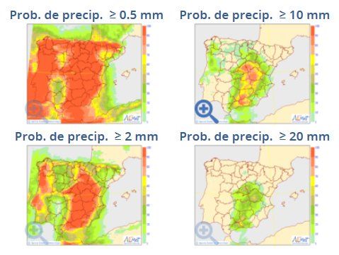 Mapas de probabilidad de precipitación para 0.5, 2, 10 y 20 mm del modelo probabilista del ECMWF para el 28 de agosto 2017. Fuente: AEMET Mapas de probabilidad de precipitación para 0.5, 2, 10 y 20 mm del modelo probabilista del ECMWF para el 28 de agosto 2017. Fuente: AEMET