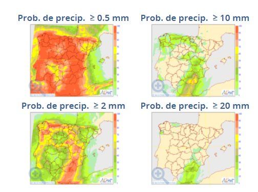 Mapas de probabilidad de precipitación para 0.5, 2, 10 y 20 mm del modelo probabilista del ECMWF para el 29 de agosto 2017. Fuente: AEMET Mapas de probabilidad de precipitación para 0.5, 2, 10 y 20 mm del modelo probabilista del ECMWF para el 29 de agosto 2017. Fuente: AEMET