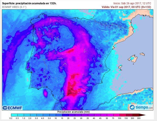 Mapa de precipitación acumulada desde el 27 ago.- 1 sep. de 2017 por modelo determinista de alta resolución del ECMWF Mapa de precipitación acumulada desde el 27 ago.- 1 sep. de 2017 por modelo determinista de alta resolución del ECMWF