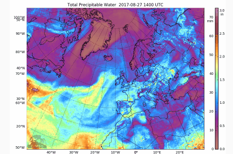 Ejemplo DANA: Situación del 27 - 30 de agosto de 2017Animación a agua precipitable total en mm. Fuente: CIMSS-SSEC