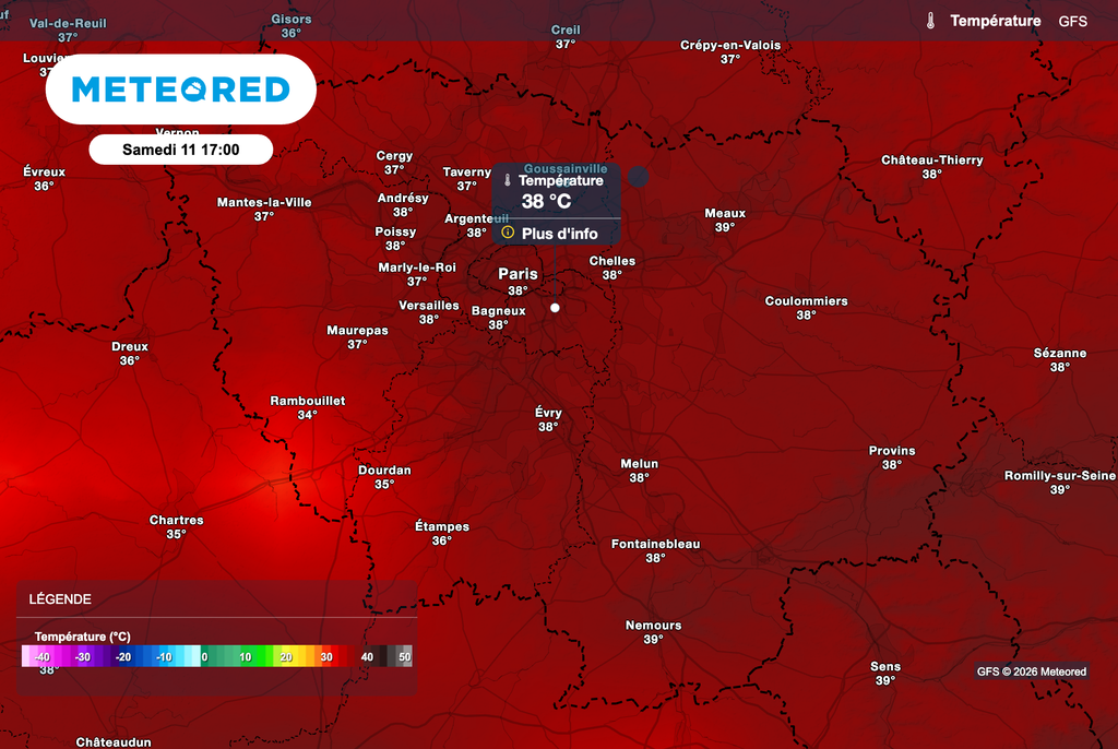 Températures attendues dimanche après-midi selon le modèle GFS. Températures attendues dimanche après-midi selon le modèle GFS.