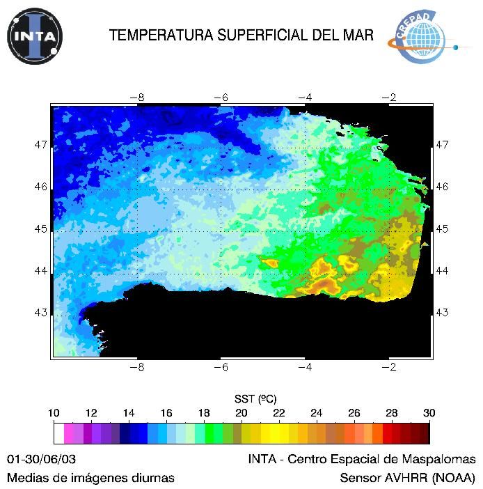 Mapa de falsos colores con la temperatura de la superficie del mar registrada