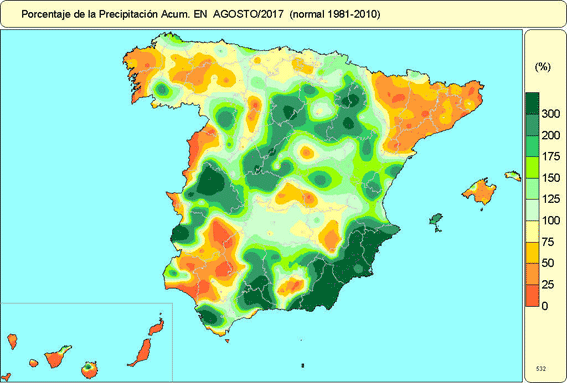Porcentaje de la precipitación acumulada en agosto 2017.