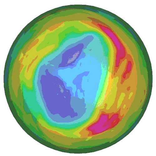 Mapa del ozono total en columna (UD) sobre el Hemisferio Sur Mapa del ozono total en columna (UD) sobre el Hemisferio Sur