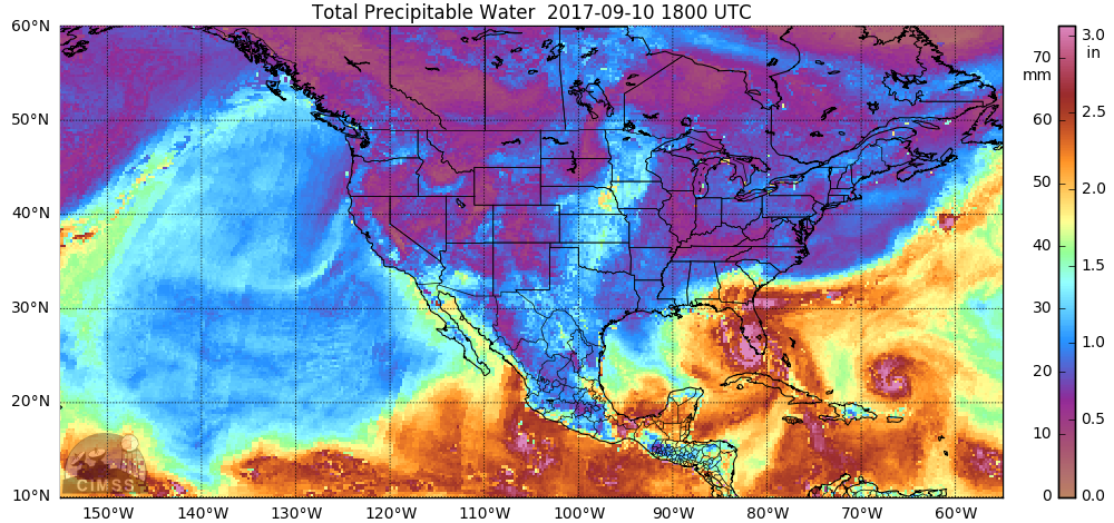Así lo muestra la secuencia de imágenes de MIMIC-TPW, agua precipitable potencial, estimada por satélite de CIMSS-SSEC de la Universidad de Wisconsin