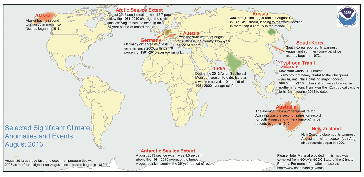 Eventos meteorológicos de agosto de 2013. Fuente NCDC-NOAA.