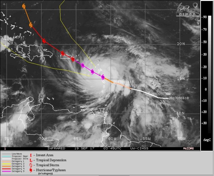 Imagen IR Maria de las 03:45 UTC del 19 sept, 2017 y trayectoria del huracán María. CIMSS