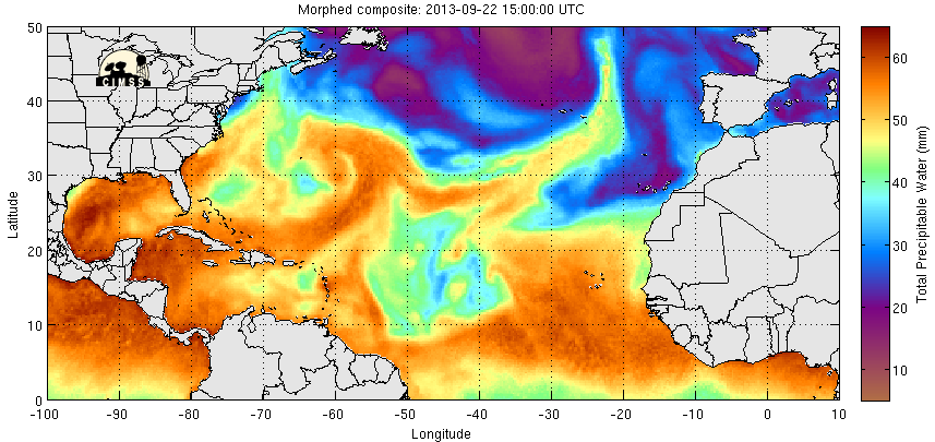 Secuencia de agua precipitable total, en mm, estimada por satélite tomada al final del 25 de sept. 2013 y 72 horas hacia atrás Secuencia de agua precipitable total, en mm, estimada por satélite tomada al final del 25 de sept. 2013 y 72 horas hacia atrás