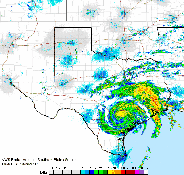 Secuencia de radar, composición nacional, del huracán Harvey afectando a zonas de Texas el 26 de agosto de 2017. NWS