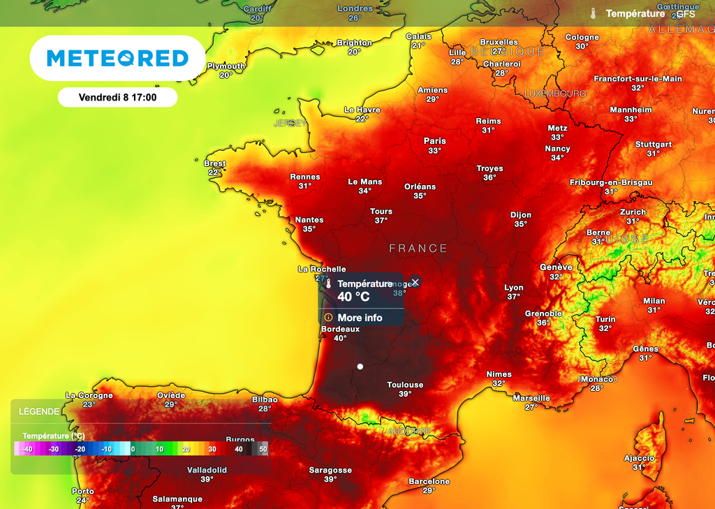 Près de 40 degrés attendus dans le sud-ouest de la France vendredi après-midi. Carte : modèle GFS.