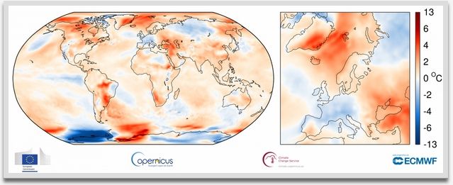 Anomalía de las temperaturas del aire de superficie para septiembre de 2017 respecto al promedio de septiembre para el período 1981-2010. Fuente: ERA-Interim. (Crédito: ECMWF Copernicus Servicio de Cambio Climático)