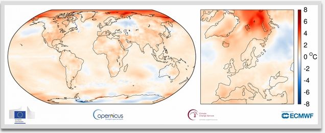 Anomalía de las temperaturas del aire de superficie desde octubre de 2016 a septiembre de 2017 respecto a la media de 1981-2010. Fuente: ERA-Interim. (Crédito: ECMWF Copernicus Servicio de Cambio Climático)