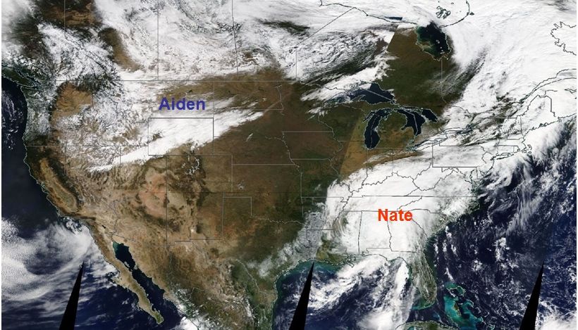 Imagen compuesta de datos MODIS Terra del 8 de octubre de 2017 sobre el mediodía en color verdadero: Nate como tormenta tropical afectado a las zonas del suroeste y Aiden entrando por los estados del noreste de los EE.UU.