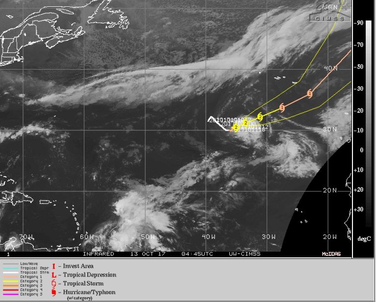 Imagen IR, trayectoria e intensidad prevista para Ophelia. CIMSS-SECC Imagen IR, trayectoria e intensidad prevista para Ophelia. CIMSS-SECC