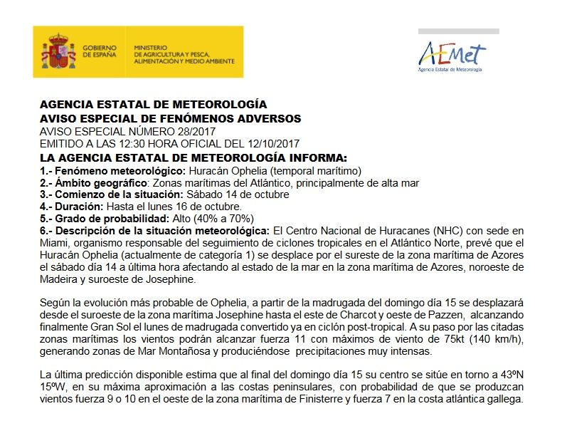Aviso especial de AEMET sobre Ophelia disponible a las 07 h.l. peninsular del 13 de octubre de 2017, por temporal marítimo en su zona de responsabilidad Aviso especial de AEMET sobre Ophelia disponible a las 07 h.l. peninsular del 13 de octubre de 2017, por temporal marítimo en su zona de responsabilidad