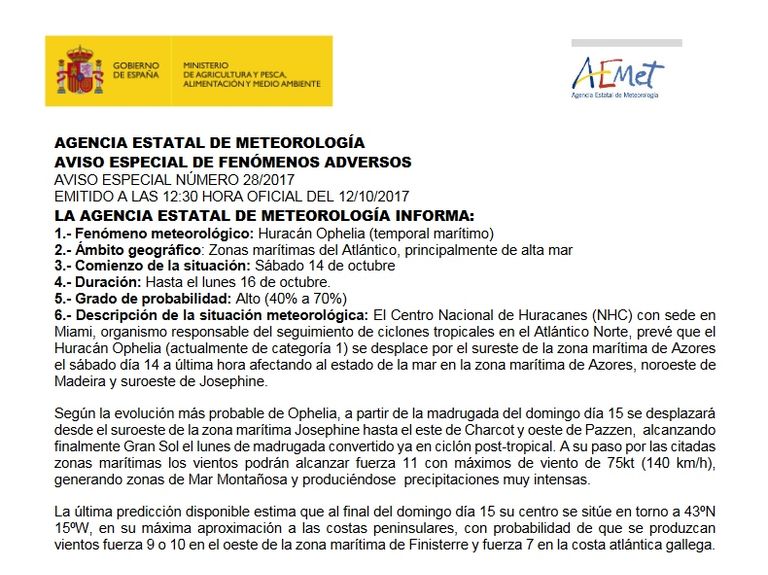 Aviso especial de AEMET sobre Ophelia disponible a las 07 h.l. peninsular del 13 de octubre de 2017, por temporal marítimo en su zona de responsabilidad Aviso especial de AEMET sobre Ophelia disponible a las 07 h.l. peninsular del 13 de octubre de 2017, por temporal marítimo en su zona de responsabilidad