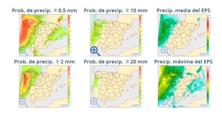 Salidas probabilistas del modelo del ECMWF para el lunes 16 de octubre, para diferentes umbrales. AEMET.