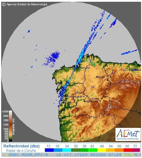 Imagen radar PPI de reflectividad del radar de Galicia de AEMET. Débiles precipitaciones afectaban a las zonas en esos momentos.
