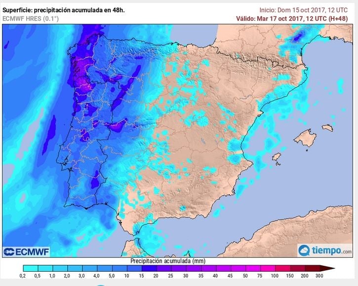 Precipitación acumulada en 48 horas: 15-17 octubre de 2017, modelo determinista de alta resolución del ECMWF. Tiempo.com