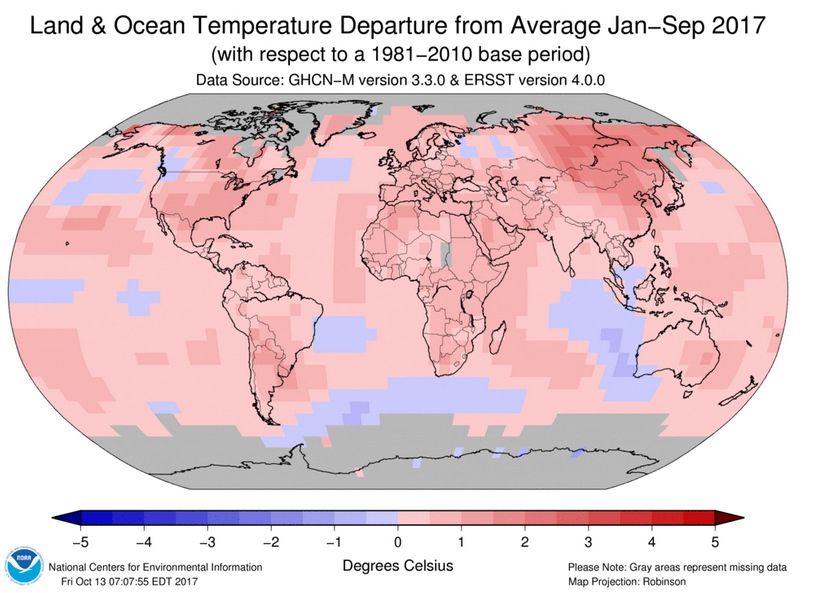 Anomalías de temperatura para el periodo enero-septiembre de 2017 respecto al periodo de referencia base 1981-2010. NOAA