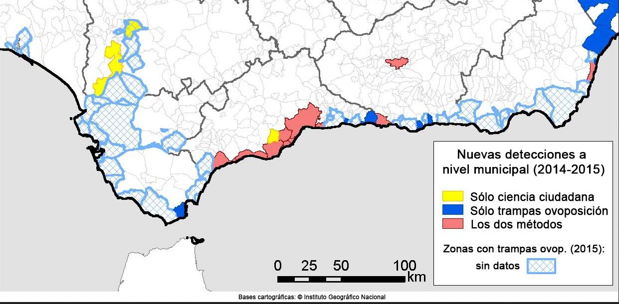 Detecciones de mosquito tigre en Andalucía (Instituto Geográfico Nacional).