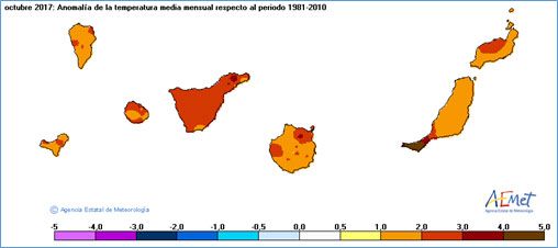 Anomalías de temperatura en octubre de 2017 para Canarias.