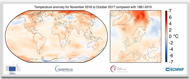 Anomalía de la temperatura del aire en la superficie de noviembre de 2016 a octubre de 2017 en relación con el promedio de 1981-2010. Fuente: ERA-Interim. (Crédito: ECMWF Copernicus Climate Change Service)